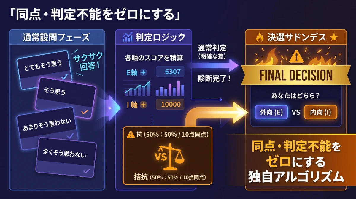 16問回答から拮抗時の決選設問サドンデス分岐フロー